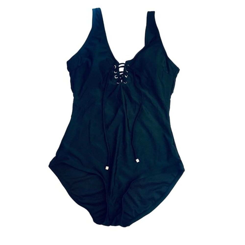Jones New York One Piece Lace Tie Front Swimsuit Women Sz 12 Black Full Coverage